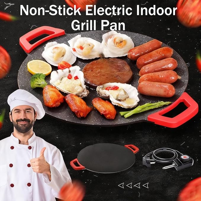 Indoor Smokeless Electric Griddle, 2026 Upgraded 1500w Portable Electric Korean BBQ Grill, Non-stick Round Grill Pan for BBQ, Tortillas, Steaks, Burgers, Pancakes (15.7in)