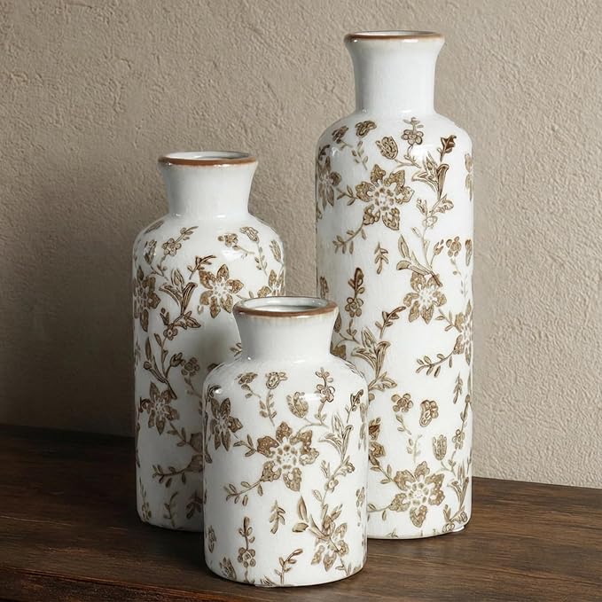 Brown Ceramic Vase Set of 3, Vintage Brown Floral Vases for Home Decor | Crackle glaze and distressed rims for living room mantels and dining table centerpieces