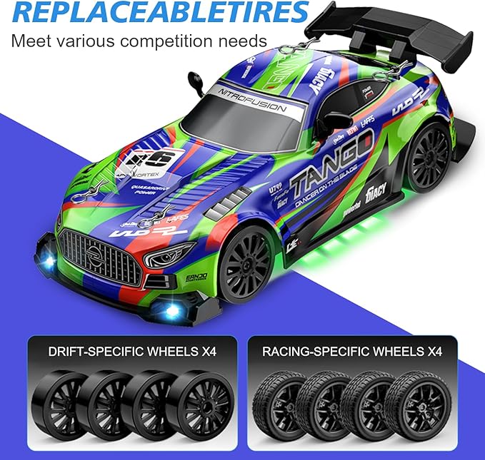 Drift RC Car for Electric Toy Car Hobby Racing Car Toys with Controller,1:24 4WD High Speed RC Drift Cars with LED Lights,Drifting Tires＆Two Batteries,Christ.mas Gift for Adults & Kids