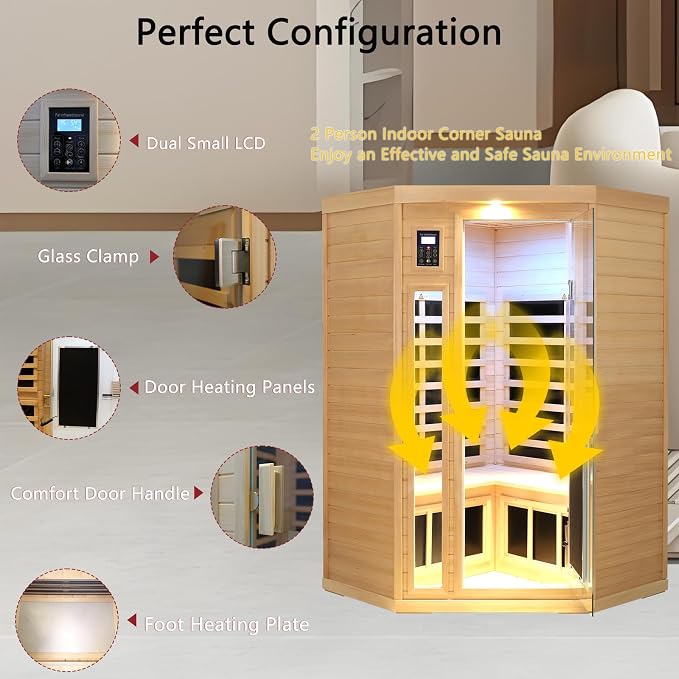 LTCCDSS 2-3 Person Corner Sauna, 8 Ultra Low EMF (0-5mG) Heaters, 1670W Hemlock Infrared Sauna, 1 Outdoor Lamp, 3 Color Lamps, 2 Read Lamps, 2 Bluetooth Speakers