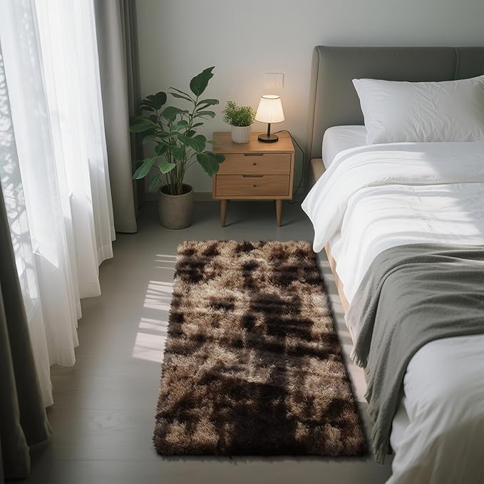 Soft Runner Rugs for Bedroom, Mottling Brown 3x7 Area Rugs Fluffy Rug Shag Area Rug Carpet, Bedside Rug for Living Room Bedroom Room Home Decor