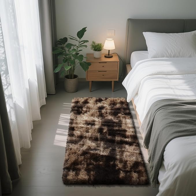 Soft Runner Rugs for Bedroom, Mottling Brown 2x6 Area Rugs Fluffy Rug Shag Area Rug Carpet, Bedside Rug for Living Room Bedroom Room Home Decor