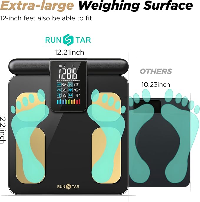 RunStar 8-Electrode Scale for Body Weight, Accurate Body Composition Scale with BMI Body Fat Muscle Mass over 50 Metrics, Rechargeable Body Analyzer with Large Colorful Screen Handle, 400lb, BlackGold