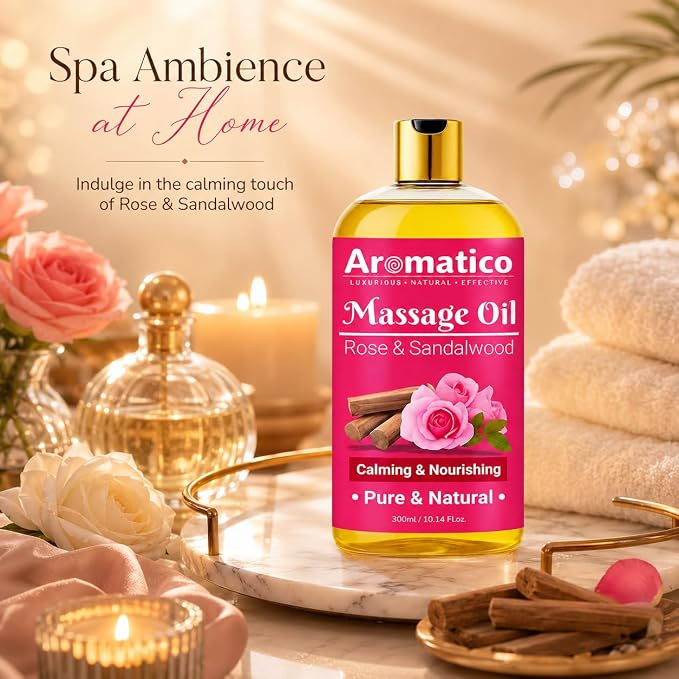 Aromatico Rose & Sandalwood Massage Oil for for Men & Women-10.1 fl oz | Lightweight Non-Greasy Body Oil for Massage & Daily Body Care, Fast-Absorbing Moisturizing Oil with Warm Floral Aroma
