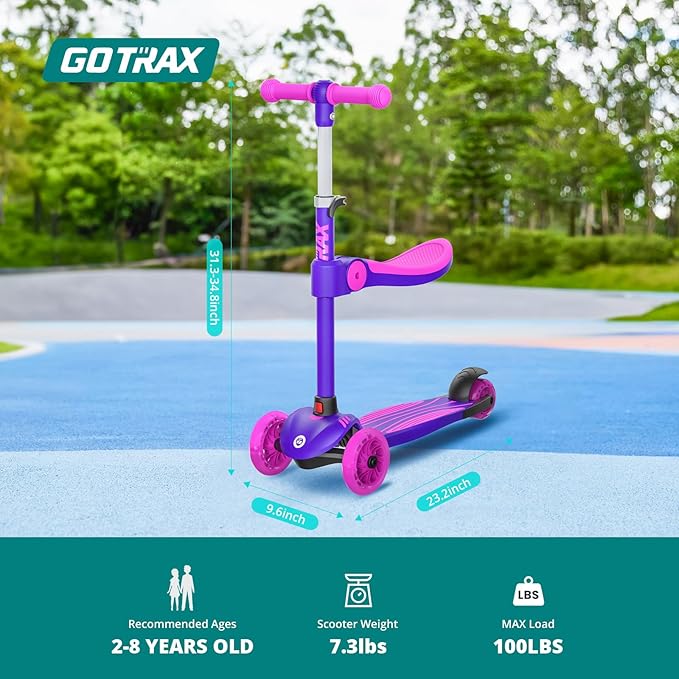 Gotrax KS3 Kids Kick Scooter, LED Lighted Wheels, Adjustable Height Handlebars and Removable Seat, Lean-to-Steer & Widen Anti-Slip Deck, 3 Wheel Scooter for Kids Ages 2-8 and up to 110 Lbs