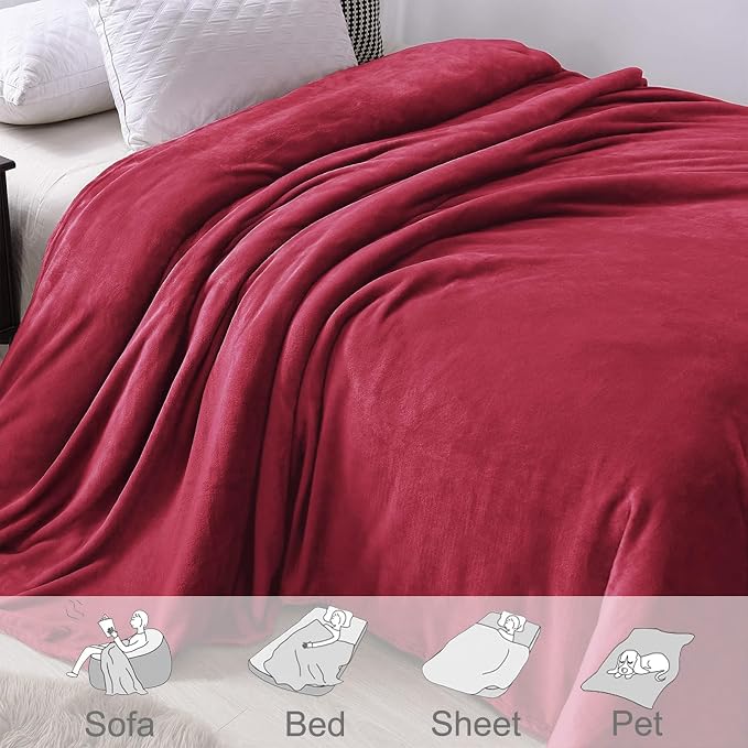 Exclusivo Mezcla Soft Fleece Blanket Queen Size for Bed, Deep Red | 90x90 Inches, Double-Sided Brushed Flannel, Lightweight Plush Cozy Blanket for Home Decor, All Season, Machine Washable