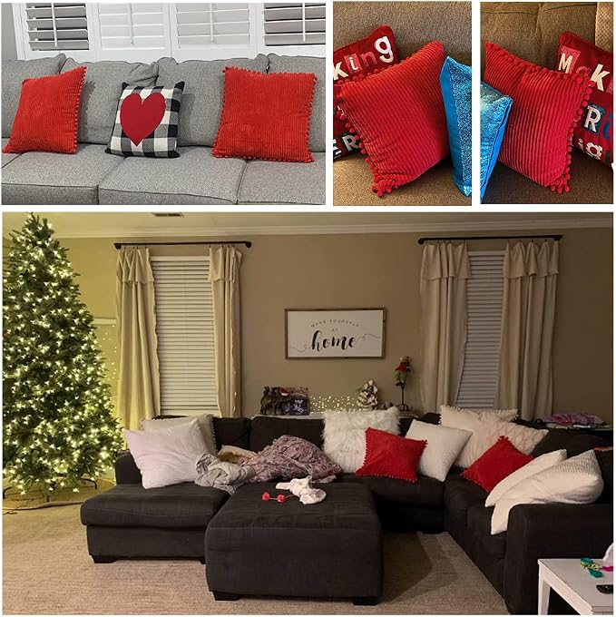 Fancy Homi Pack of 2 Boho Red Decorative Throw Pillow Covers with Pom-poms, Soft Corduroy Solid Square Cushion Cases Set for Couch Sofa Bedroom Car Living Room (16x16 Inch/40x40 cm, Christmas Red)