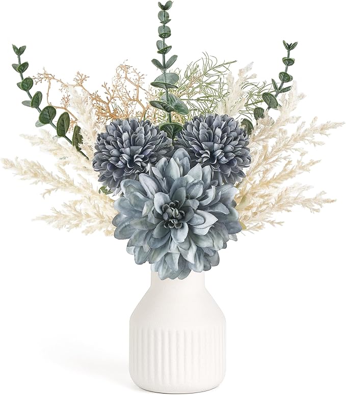 Mkono Fake Flowers in Ceramic Vase, 12.5" Coffee Table Centerpieces, Blue | Table Decor with vase, Small Silk Faux Artificial Flower Arrangements, Fits Bathroom Dining Room Kitchen Home Indoor Decor