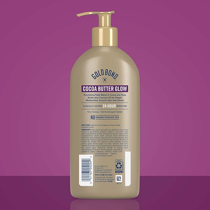 Gold Bond Cocoa Butter Glow Daily Hydrating Lotion with Shea Butter, Cocoa Butter & Coconut Oil, Exfoliating Moisturizer for Dry Skin, 14 oz.