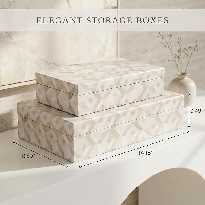 Decorative Storage Boxes with Lids - Set of 2 Organizer Bins for Bookshelf | Beautiful Home Decor - Safely Store Photos, Documents and Memory Box Keepsakes on Your Shelves in Style