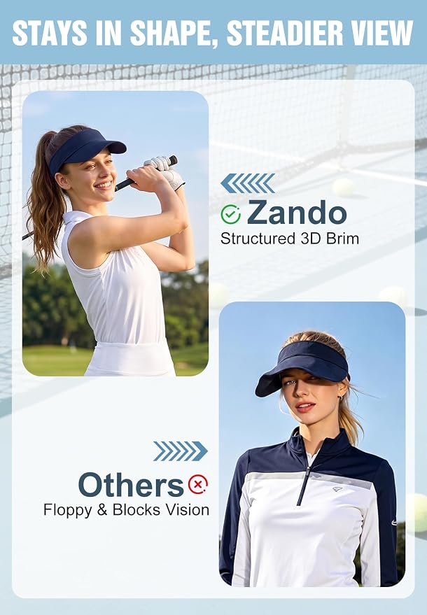 Zando 3.2" Structured Brim Visor Hats for Women, UPF 50+, Golf/Tennis | 3.2"Structured Brim Adds Sun Coverage, Steady View, Quick-dry Sweatband, Open-Top Ponytail Fit, Adjustable Fit & Lightweight
