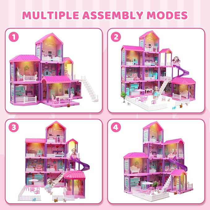 beefunni Doll House, Dream Dollhouse for Girls,Doll Houses 4-5 7-8 Year Old with 4 Stories -11 Rooms, 2 Dolls and Furniture, Princess Dollhouse 2025 Christmas Toy Gifts for 3 4 5 6 7 8+ Year Old Girls