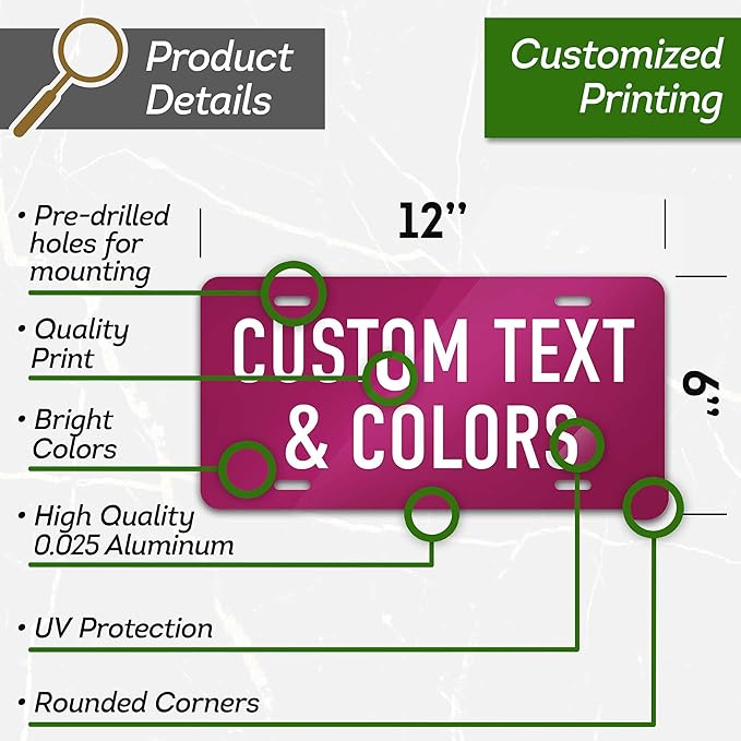 Custom License Plates, Personalized Plates for Front of Car | Vanity Plate 6x12 Inch - Size Rust-Free Metal 40 Colors by: My Sign Center, USA