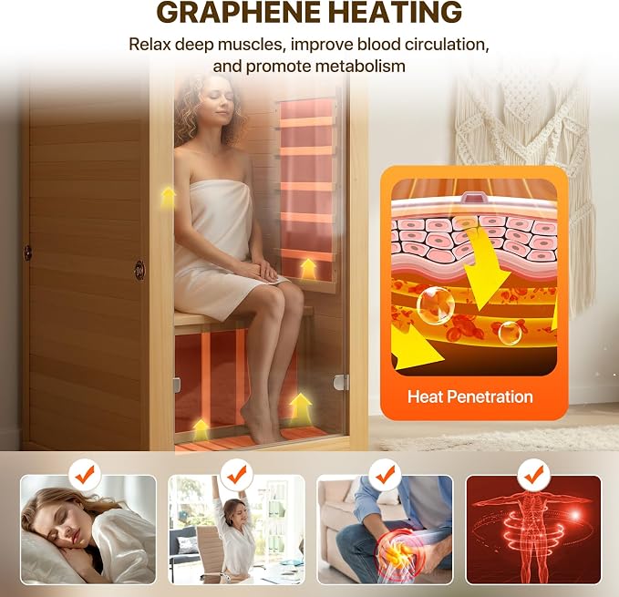 OUTEXER Infrared Sauna Room Indoor Saunas Home Obeche Wood 900W Low-EMF Dry Saunas Single Person Spa with 7 Color Light 32.3 * 28.3 * 61.4 inch