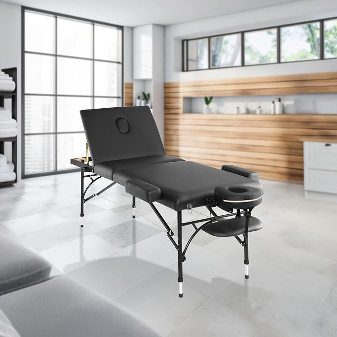 Saloniture Professional Portable Lightweight Tri-Fold Massage Table with Aluminum Legs - Includes Headrest, Face Cradle, Armrests and Carrying Case - Black