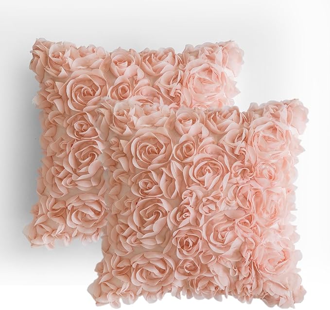 MIULEE Decorative Rose Flower Pillow Covers Pack of 2 Peach Pink 18x18 Inch | Cute Romantic Stereo Chiffon Throw Pillow Cover Aesthetic Solid Pillowcase for Girl Coquette Room Decor Coach Bedroom