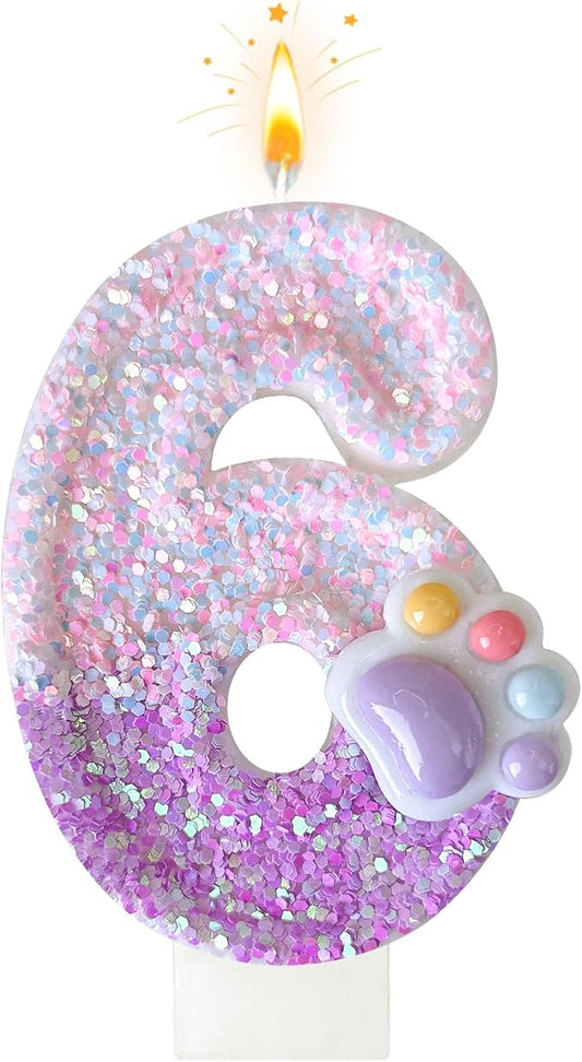 Pink Cat and Dog Paw Birthday Number Candles, Cupcake Decorations, Dog Theme Candles, Suitable for Party Celebrations, Birthday Decoration Supplies (Number 6)