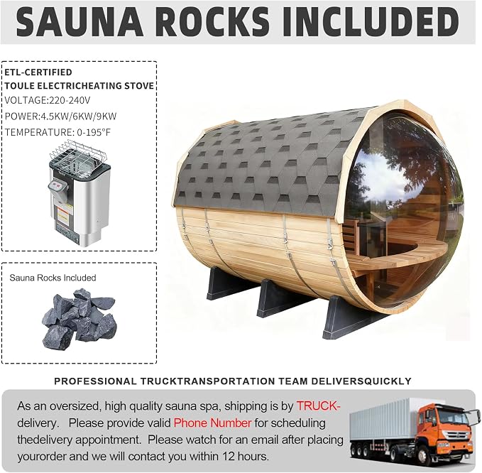 Outdoor Panoramic Barrel Sauna, 6-8 People Canadian Hemlock Steam Sauna, Garden Traditional Wooden Saunas with Canopy, 6KW TOULE Heating Furnace, Rocks, Water Bucket, Spoon, Light