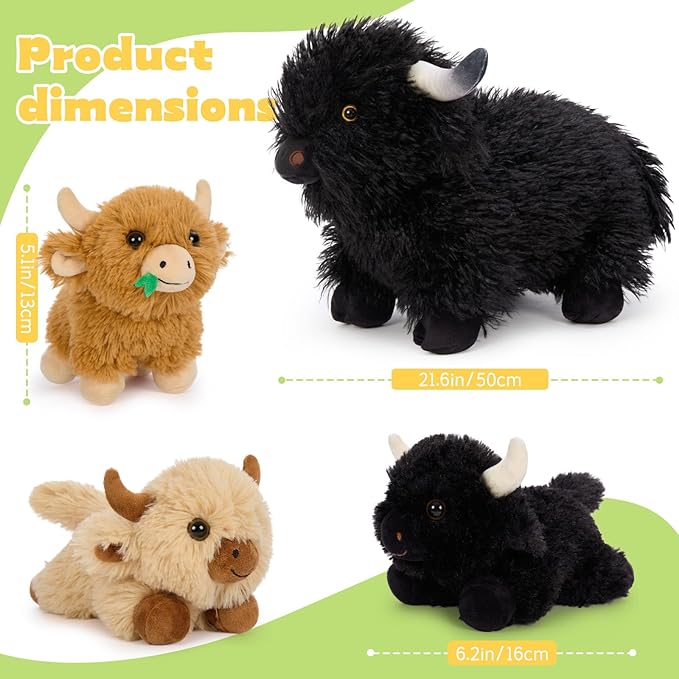 Muiteiur 21.6 Inch Highland Cow Stuffed Animal with 3 Baby Cows, Plush Highland Cattle Mother with Cute Messy Plush, Soft Black Cattle Toy Set for Kids Girls Boys