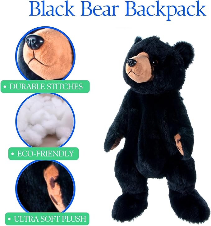 The Petting Zoo Black Bear Stuffed Animal Plushie Backpack, Gifts for Kids, Wildlife Animal Toy, Black Bear Plush Toy Book Bag, 20 inches