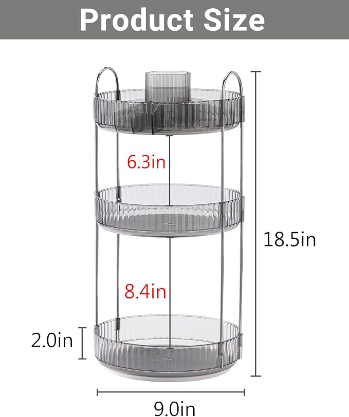 Asayuee 360 Rotating Makeup Organizer,3 Tier Large Capacity Make Up Organizers and Storage,Skincare Perfume Vanity Organizers,Bathroom Cosmetics Storage Organizer Countertop(Grey)