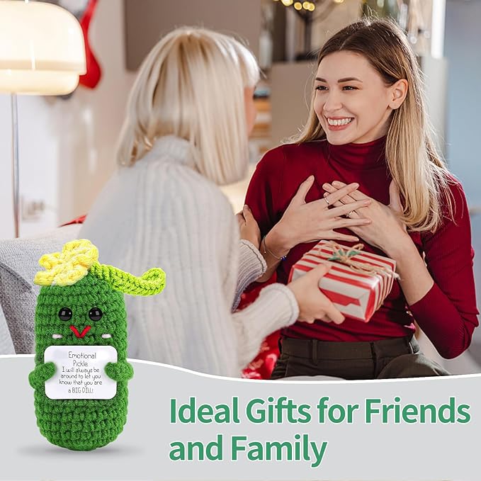 Hoedia Crochet Pickle Dolls Friend Birthday Valentines Gifts for Her Women Wife Girlfriend Sister from Husband Men, Cute Funny Gifts for Coworkers Student Teacher Roommates (Pickle with Green Leaf)