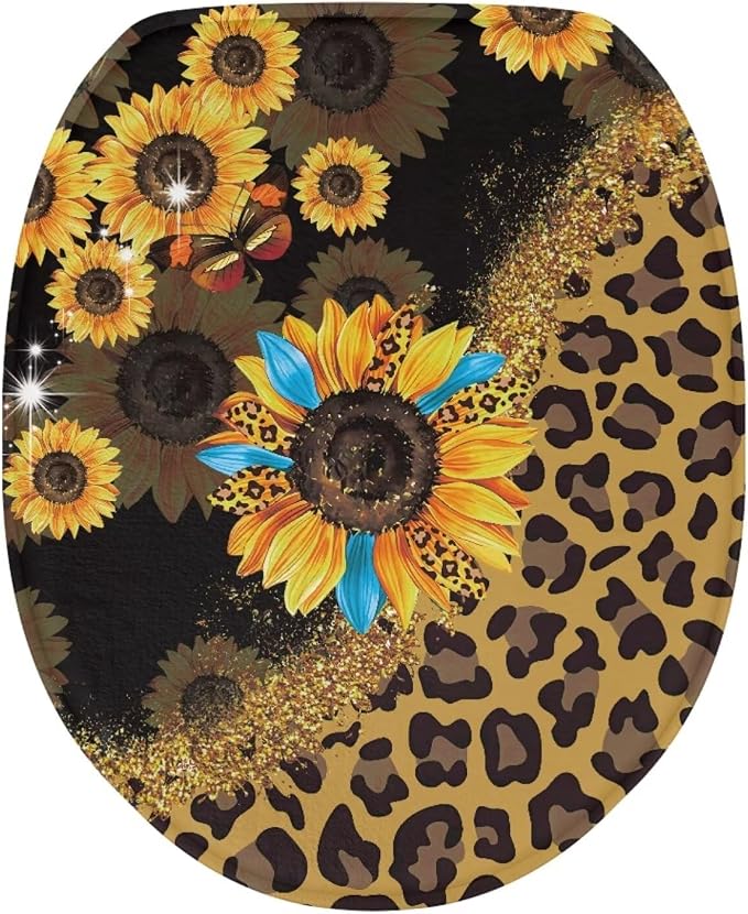 Leopard Print Toilet Seat Lid Cover Sunflower Toilet Seat Lid Covers with Elastic Band Leopard Print Round Toilet Lid Cover Universal Toilet Tank Cover Replacement