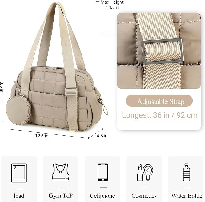 CAMTOP Mini Gym Bag for Women, Small Gym Tote Bag Puffy Quilted Sports Duffel Bag with Wet Compartment and Coin Purse Duffel Bags Dance Yoga Workout Bag for Gifts (Camel, Mini-12.6")