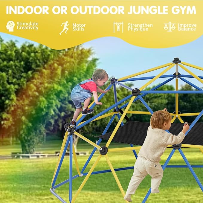 Climbing Dome,10FT Dome Climber with Hammock, Outdoor Play Equipment for 3 to 10 Children, Supports Jungle Gym up to 1,000 lbs, Rust Resistant, Easy to Assemble, Gift for Kids, Blue+Yellow