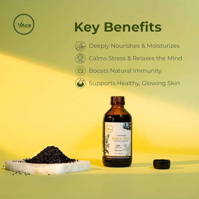 My Ace Black Seed Carrier Oil 4 Fl Oz - 100% Pure & Natural - Premium Grade, Cold Pressed Unrefined for Skin, Face Care, Hair Growth, Facial, Body Massage, Scalp Treatment, Stretch Marks, Aromatherapy
