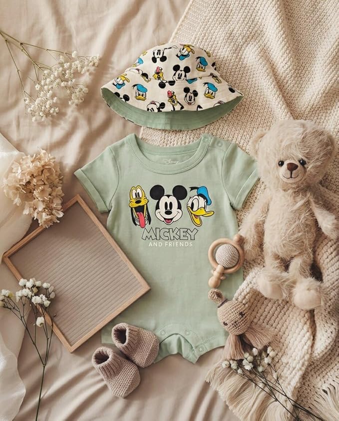 Disney Baby Romper and Reversible Bucket Sun Hat Outfit Set Newborn to Infant Sizes (Newborn - 24 Months)