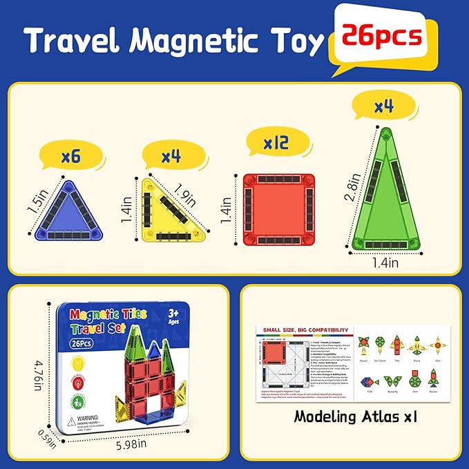Travel Mini Magnetic Tiles 26 PCS, STEM Magnetic Building Toys for Kids Ages 4-8 with Iron Case, Blocks Building Preschool Learning Sensory Montessori Toys for 3+ Year Old Boys and Girls