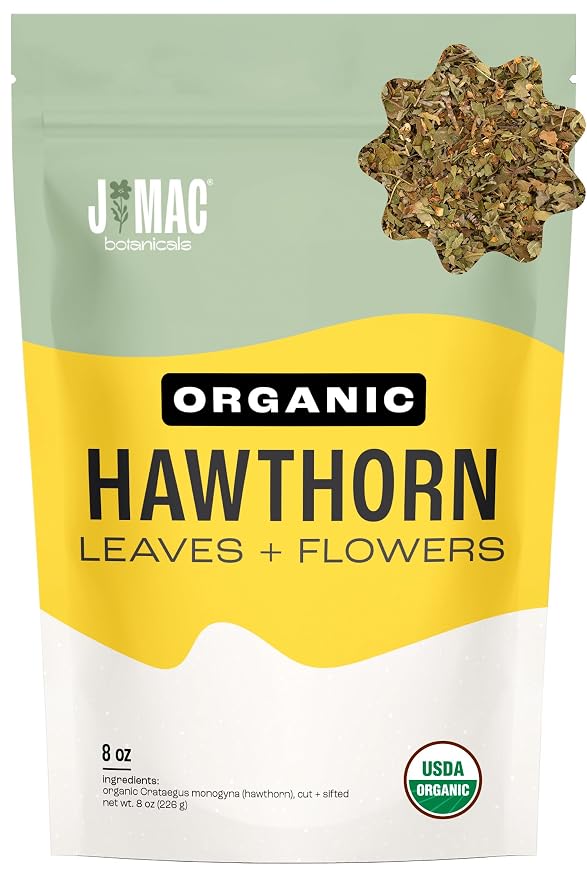 J MAC BOTANICALS Organic Hawthorn Leaf and Flower (8 Oz) Dried Organic Hawthorne leaves, USDA Organic Certified, Hawthorn Tea, Fresh Dried Hawthorne leaf for herbal tea