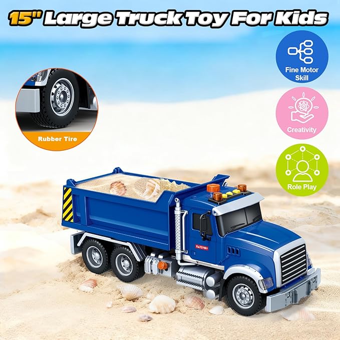 Kids Toys for 3 4 5 6 7 8 Years Old Boys, Large Dump Truck Toy with Lights, Sounds, Blue Toddler Friction Powered Truck Vehicle Toy for Boys Girls Birthday Gifts