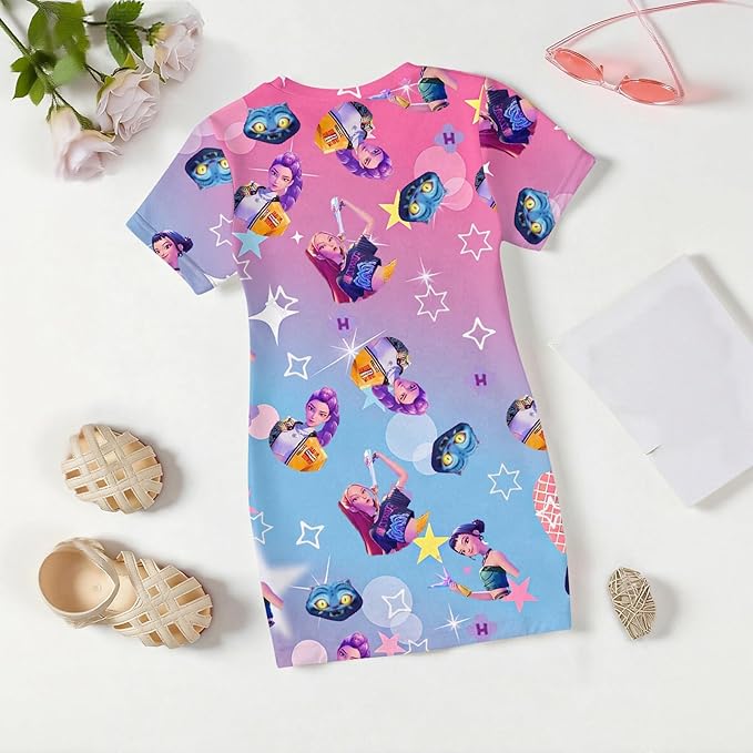 Girl's Anime K-POP Graphic Long Dress T-Shirt - Casual Loose Fit Short Sleeve Top