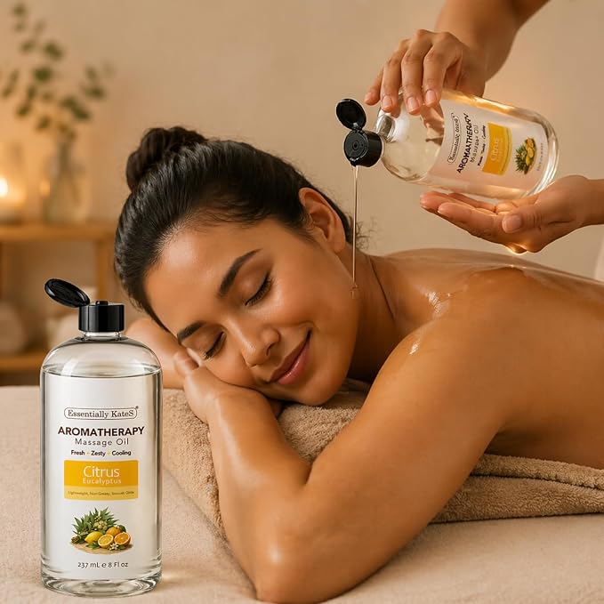 Aromatherapy Massage Oil – Citrus & Eucalyptus with Fractionated Coconut Oil, Lightweight Non-Greasy, Very Long-Lasting Glide and Excellent Slip, 100% Natural, 8 FL Oz
