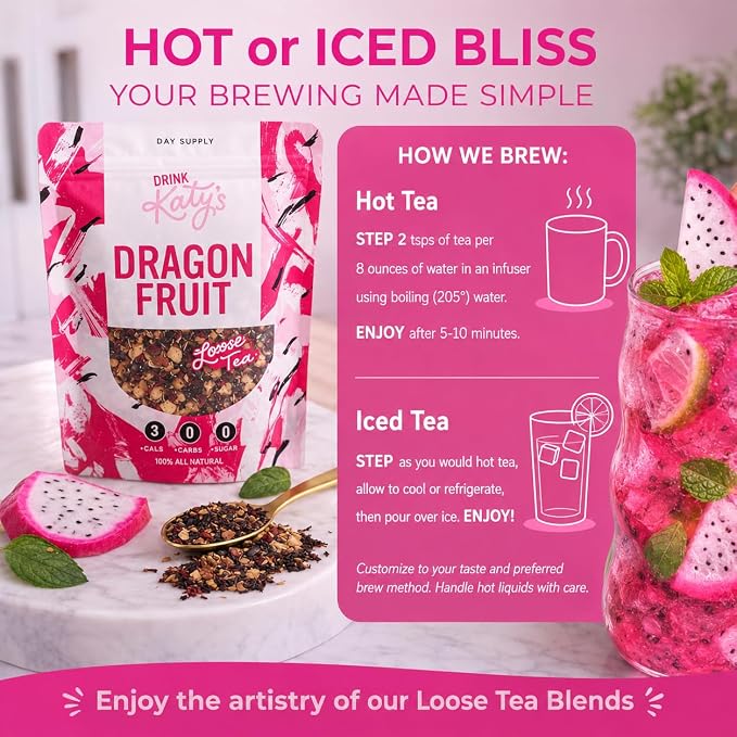 Katy’s Dragonfruit Loose Leaf Tea - Hibiscus, Dragonfruit & Pineapple - Premium Herbal Fruit Tea, Caffeine-Free, Sugar Free - Hot or Iced Tea - 30+ Cups - Woman-Owned