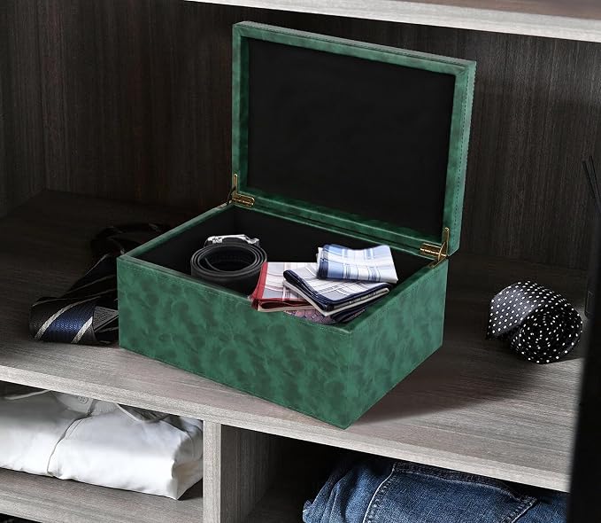 HofferRuffer Faux Leather Decorative Box, Large Wooden Structure Keepsake Box Accessory Organizer Jewelry Organizer with Hinged Lid, Storage Container for Home or Office (Dark Green)