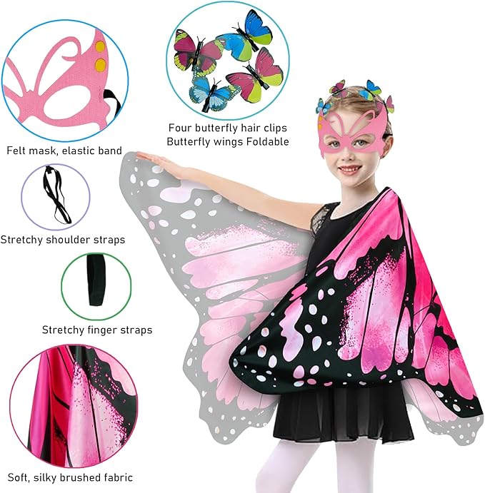 Kids Butterfly Wings Costume Girls Fairy-Wings Toddler Dress Up Play Costumes Butterfly Hair Clip Mask Party Favors (Pink Sets)