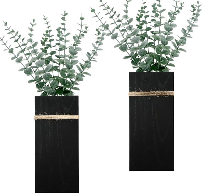 Wall Planters for Indoor Plants-2 Pack Wood Wall Vases for Dried Flowers & Artificial Plants Modern Farmhouse Wooden Vase for Living Room Bedroom Kitchen Decorations - Black Large