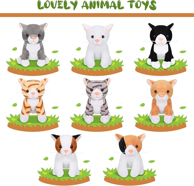 Sumind 8 Pcs Cat Stuffed Animals Bulk Plush Pets 5 Inch Cute Assorted Plush Cats Horse for Birthday Halloween Christmas Party Favors Favors(Cat)