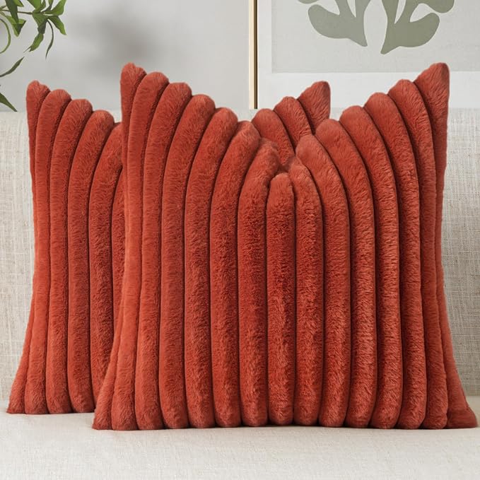 MIULEE Fall Faux Fur Decorative Throw Pillow Covers 18x18 Set of 2 Rust | Vintage Boho Modern Soft Plush Couch Pillows, Cozy Fluffy Cushion Covers for Sofa Bed Living Room Home Decor