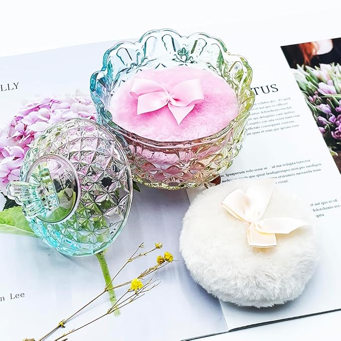 4" Glass Dusting Powder Container with 2 Fluffy Puffs,Cute 3.5" Soft Body Powder Puff and Jar Set(Butterfly-colorful)