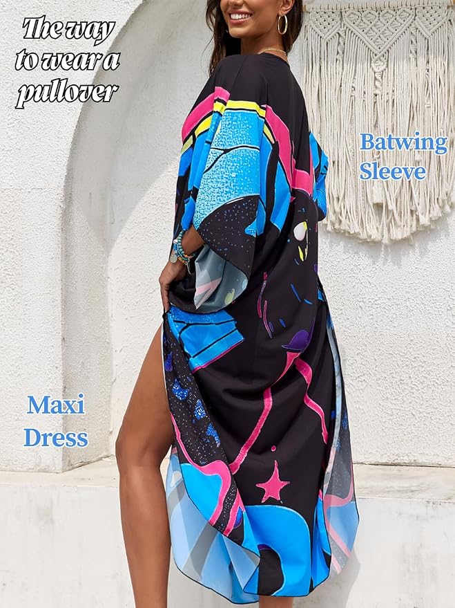 ChiaoLezhee Print Moo-Moos for Women, Kaftan Cover-Up Dresses, Sexy V-Neck High-Slit, Beach Pool-Party Coverups Muumuu Plus