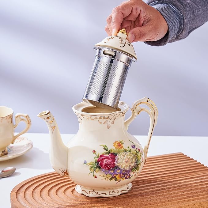 YOLIFE Flowering Shrubs Teapot, 25 OZ/ 3 Cup Ivory Vintage Porcelain Tea Pot with Infuser, Floral Teapot with Gold Leaves Trim Design