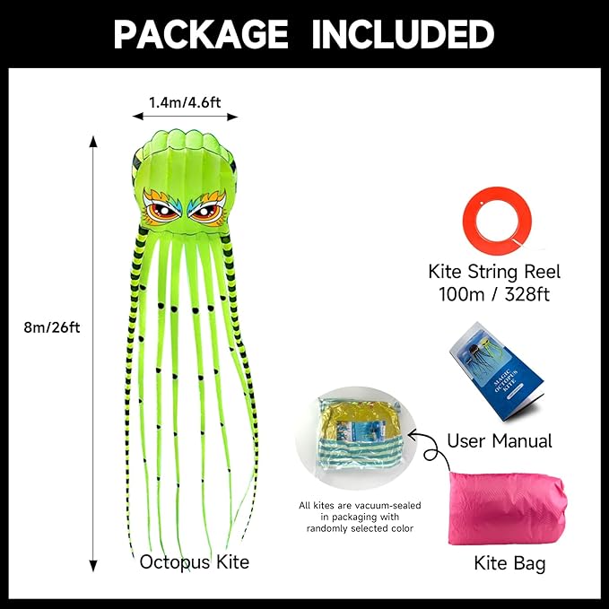 Kites for Adults Giant Octopus Kite 26ft for Outdoor Fun Large 3D Kite with Reel for Beach, Park, and Family Gatherings - Durable Design Easy to Fly