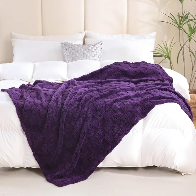Deep Purple Throw Blanket 108”×90”Checkered Design for Couch | Super Soft Cozy Fleece Plush Microfiber 3D Square Pattern Flannel Blanket for Sofa Bed Lightweight for Adults,Women