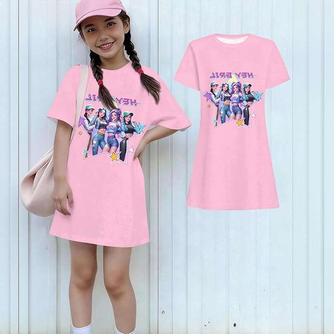 Girl's Anime K-POP Graphic Long Dress T-Shirt - Casual Loose Fit Short Sleeve Top