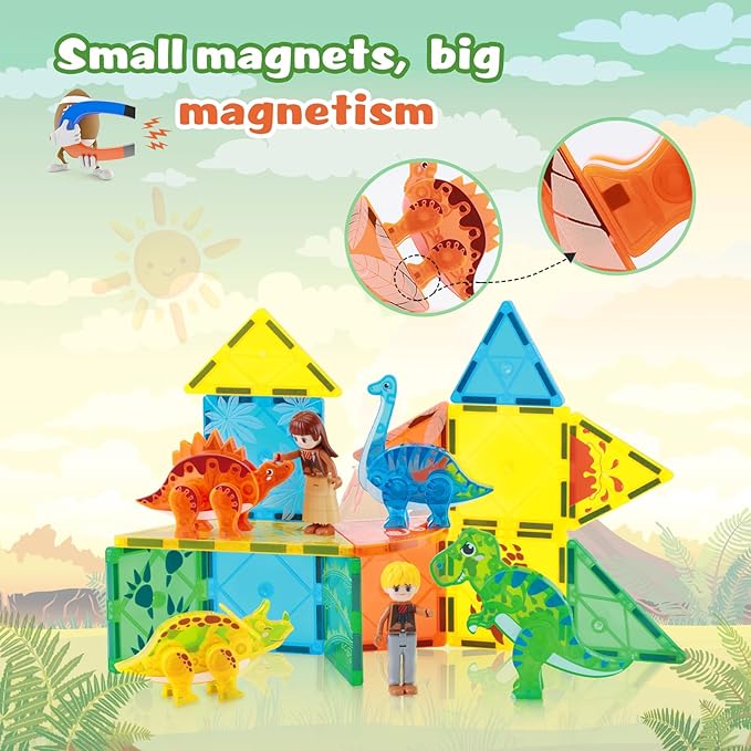 BENOKER Dinosaur Magnetic Tiles,Animals Magnet Building Blocks Toys Dino World,3D STEM Educational Magnet Tiles for Boys Girls Kids Age 3 4 5 6 7 8