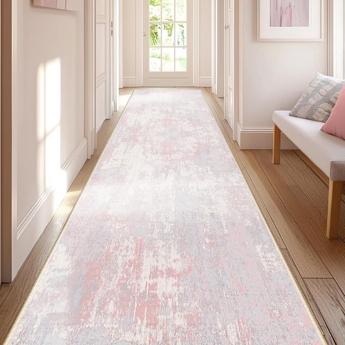 RELEANY Washable Area Rugs 2'x10' Non-Slip Modern Abstract Soft for Living Room Entryway Bedroom Kitchen, Print Pattern, Grey Pink